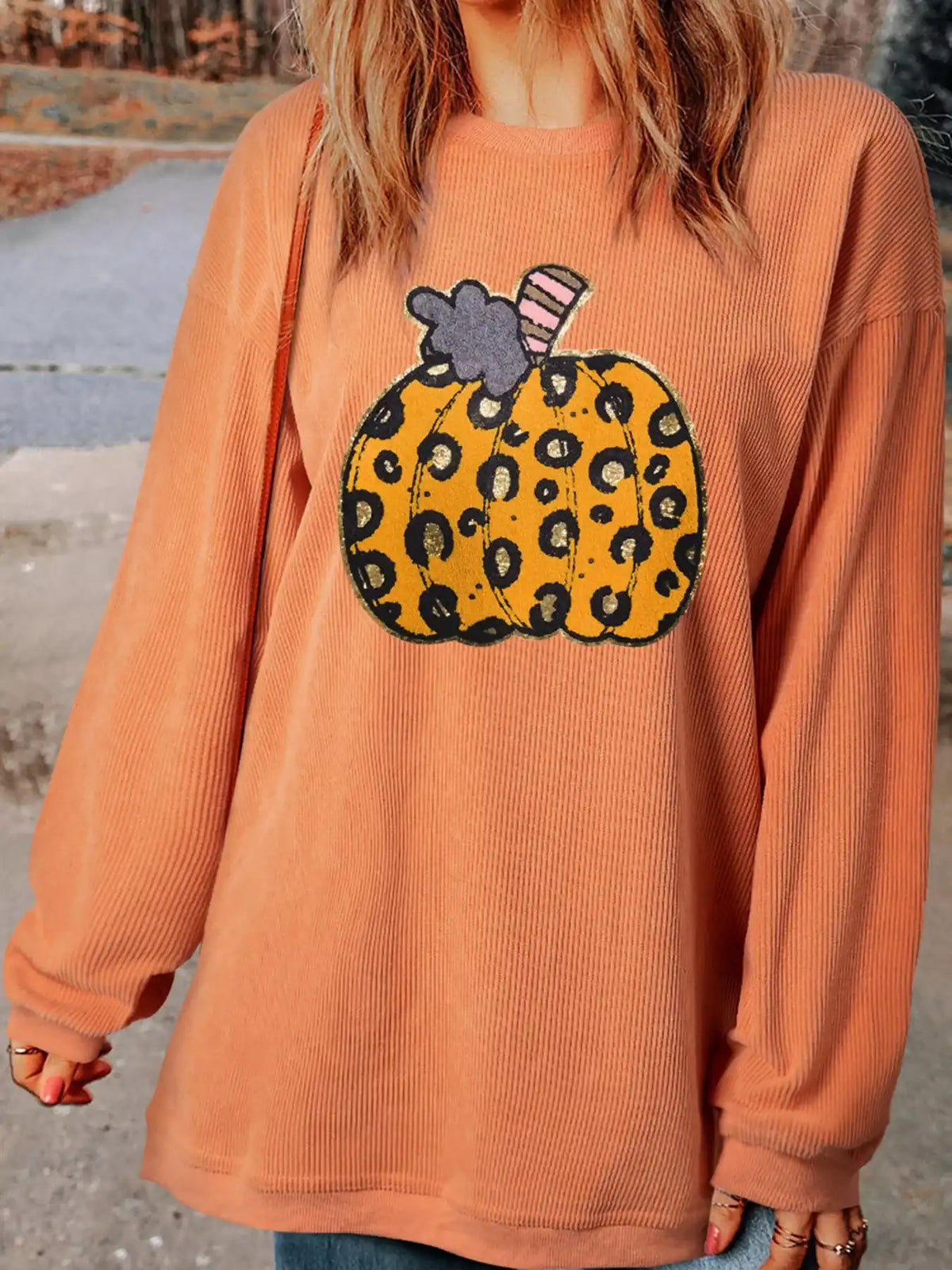 Halloween Leopard Pumpkin Patchwork Ribbed Sweatshirt - Trendsi - Flyclothing LLC