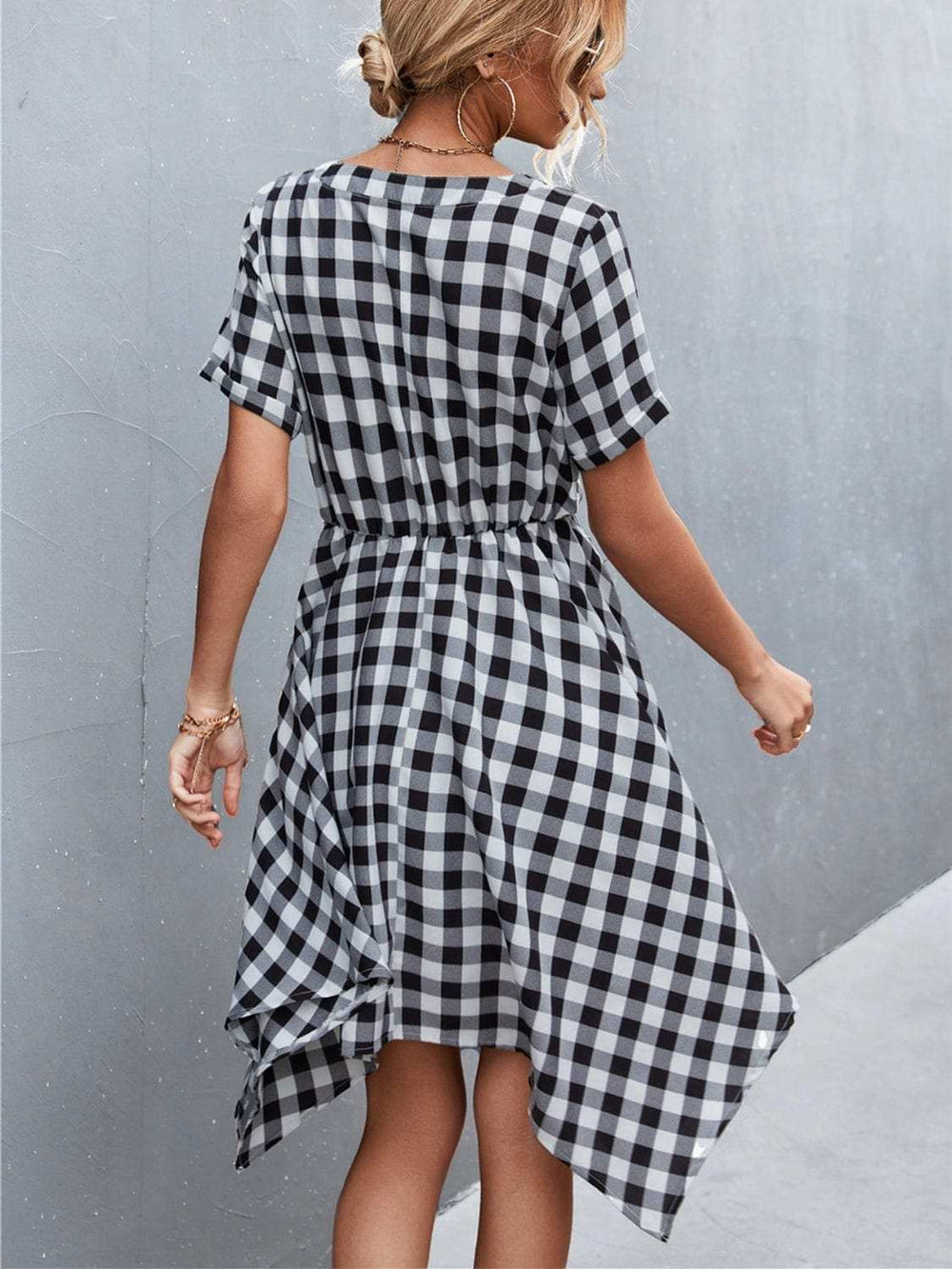 Plaid Notched Short Sleeve Dress - Trendsi - Flyclothing LLC