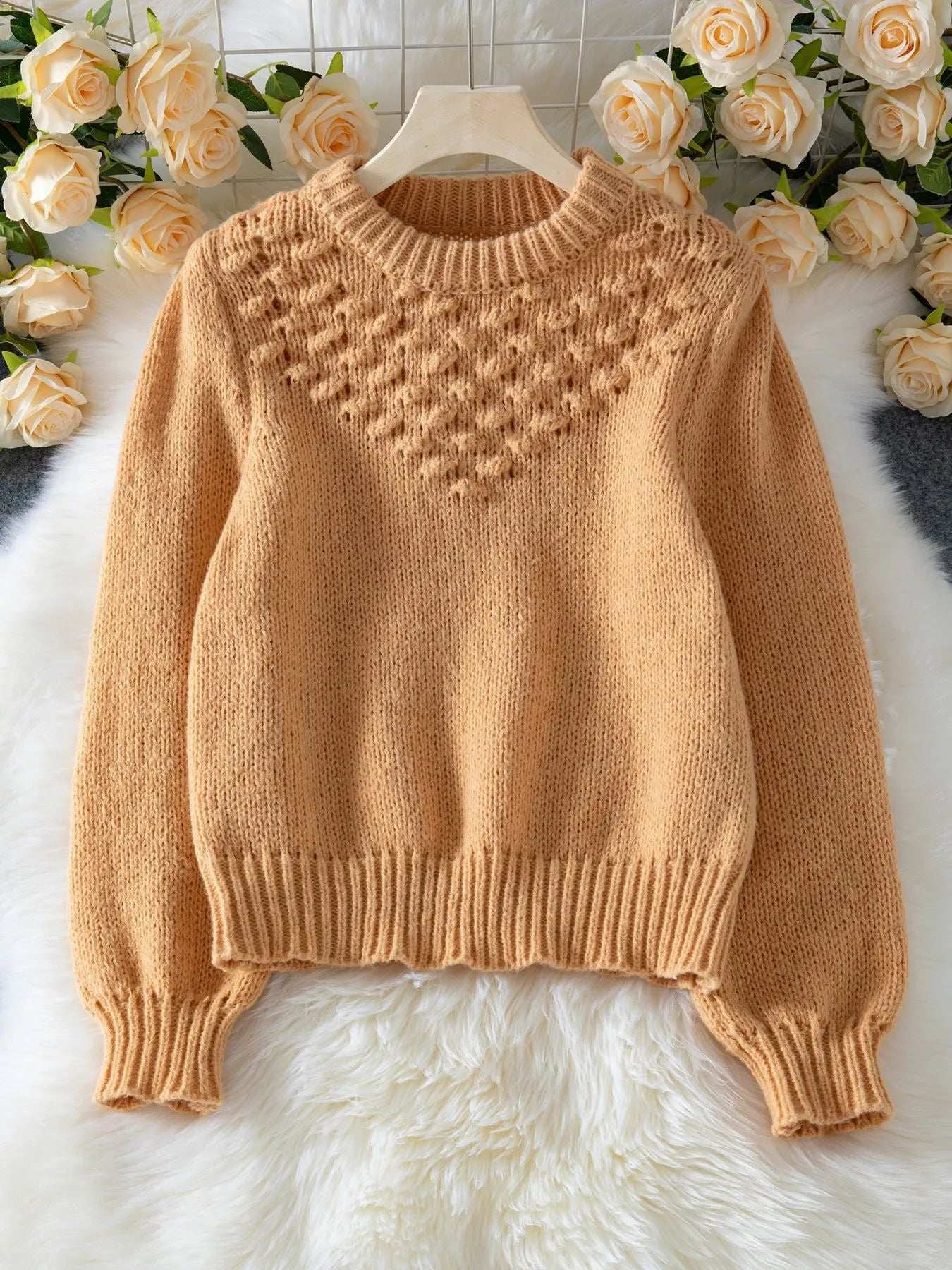 Textured Knit Round Neck Long Sleeve Sweater - Trendsi - Flyclothing LLC