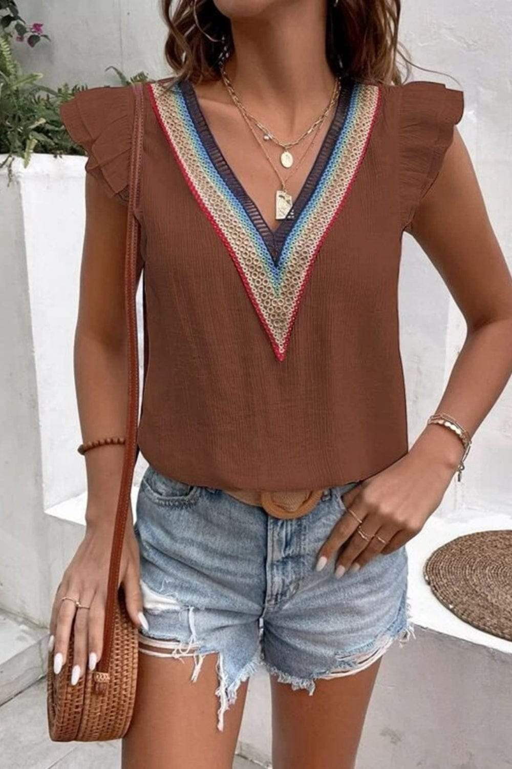 Full Size Ruffled V-Neck Cap Sleeve Blouse - Trendsi - Flyclothing LLC