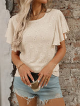 Eyelet Round Neck Flutter Sleeve Top - Trendsi - Flyclothing LLC