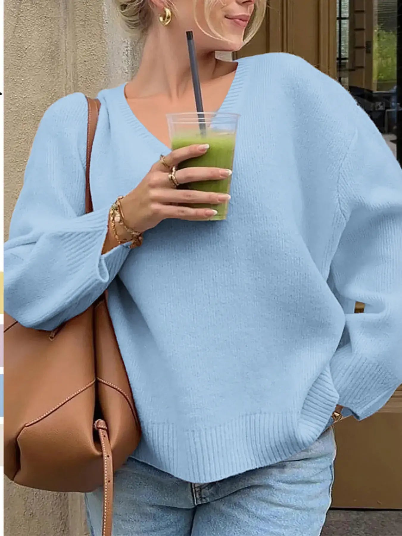 V-Neck Long Sleeve Sweater - Trendsi - Flyclothing LLC