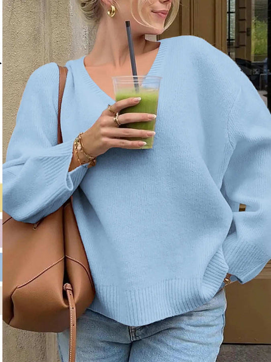 V-Neck Long Sleeve Sweater - Trendsi - Flyclothing LLC