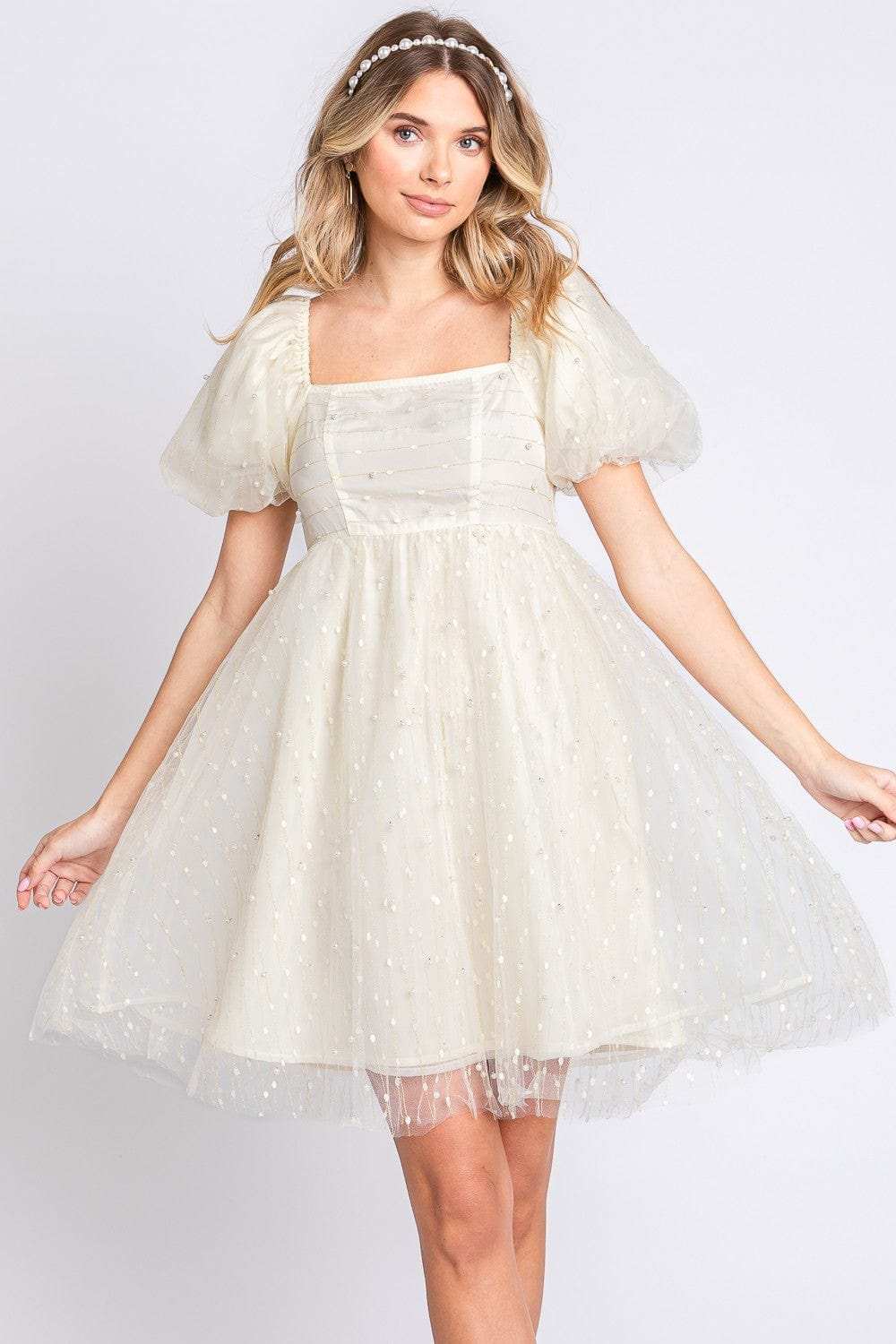 GeeGee Pearl Mesh Puff Sleeve Babydoll Dress - Trendsi - Flyclothing LLC