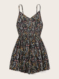 Printed V-Neck Spaghetti Strap Romper - Trendsi