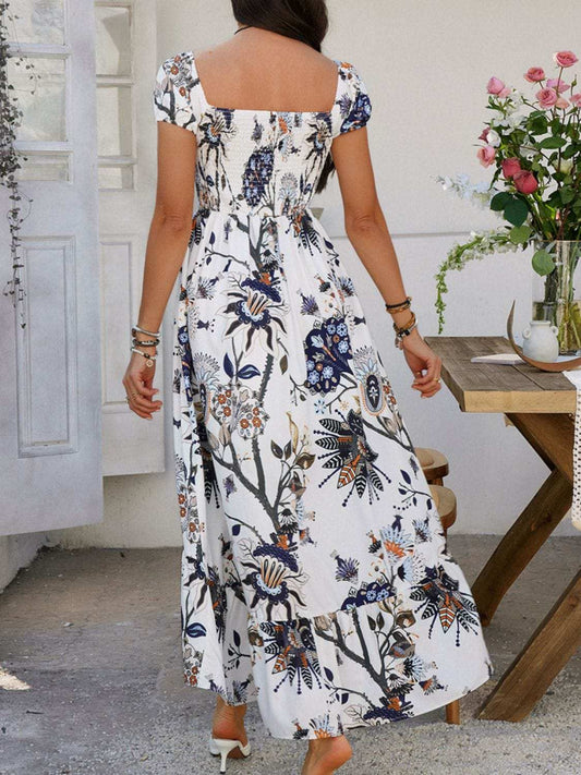 Devine Smocked Printed Short Sleeve Maxi Dress - Trendsi - Flyclothing LLC