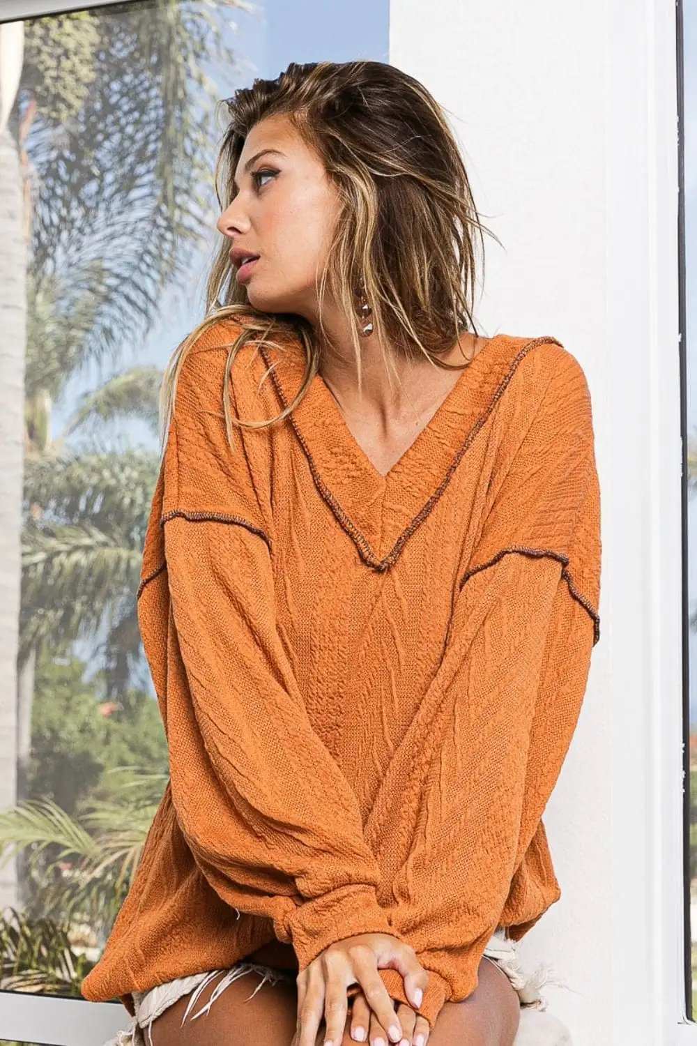 BiBi Textured Exposed Seam Drop Shoulder Knit Top - Trendsi - Flyclothing LLC