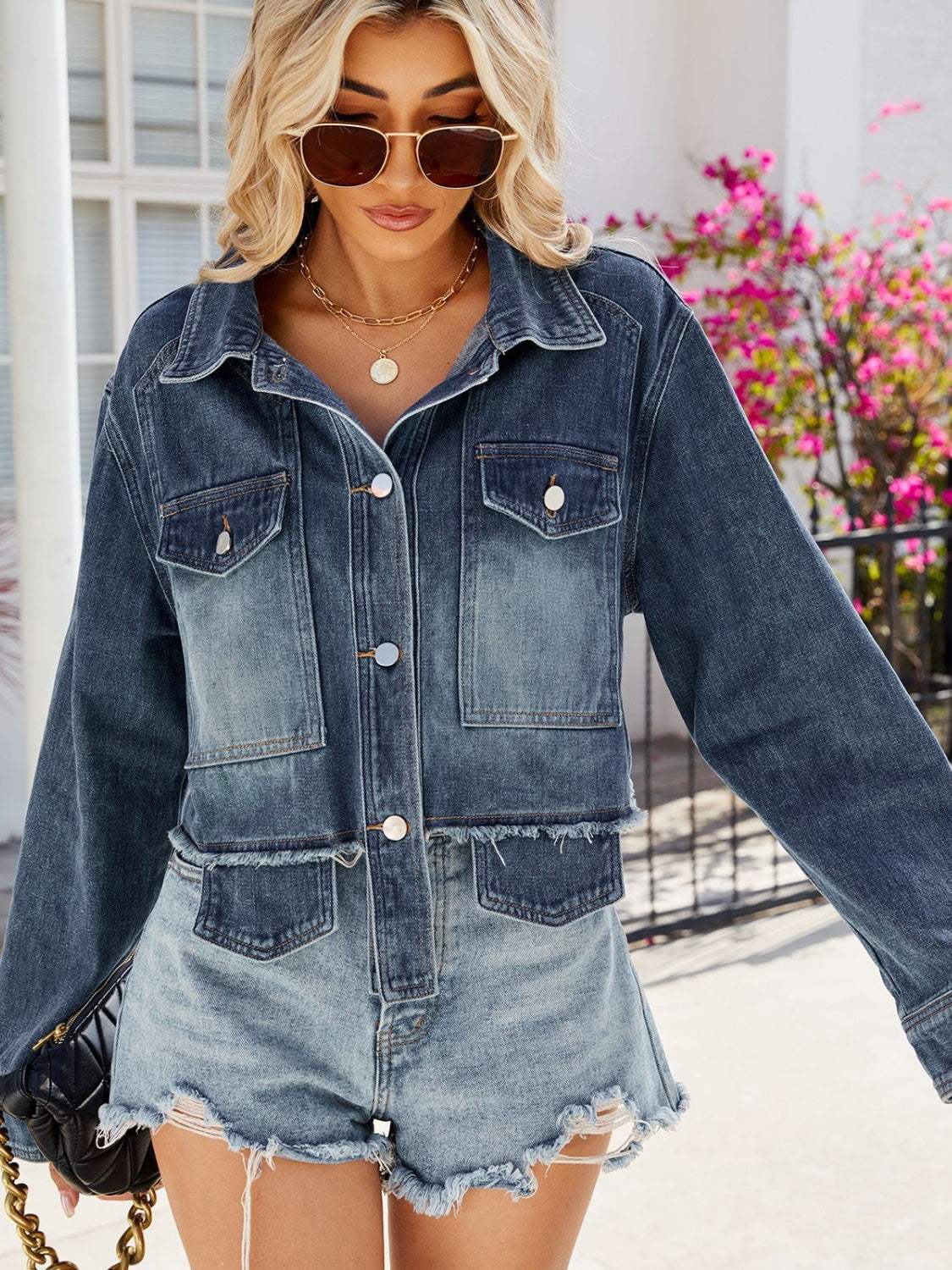 Button Up Long Sleeve Denim Jacket with Pockets - Trendsi - Flyclothing LLC