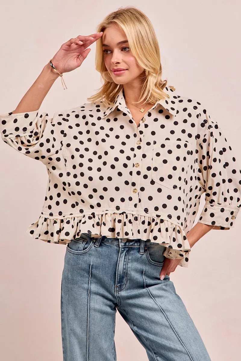 BiBi Polka Dot Printed Peplum Top with Front Button - Trendsi - Flyclothing LLC