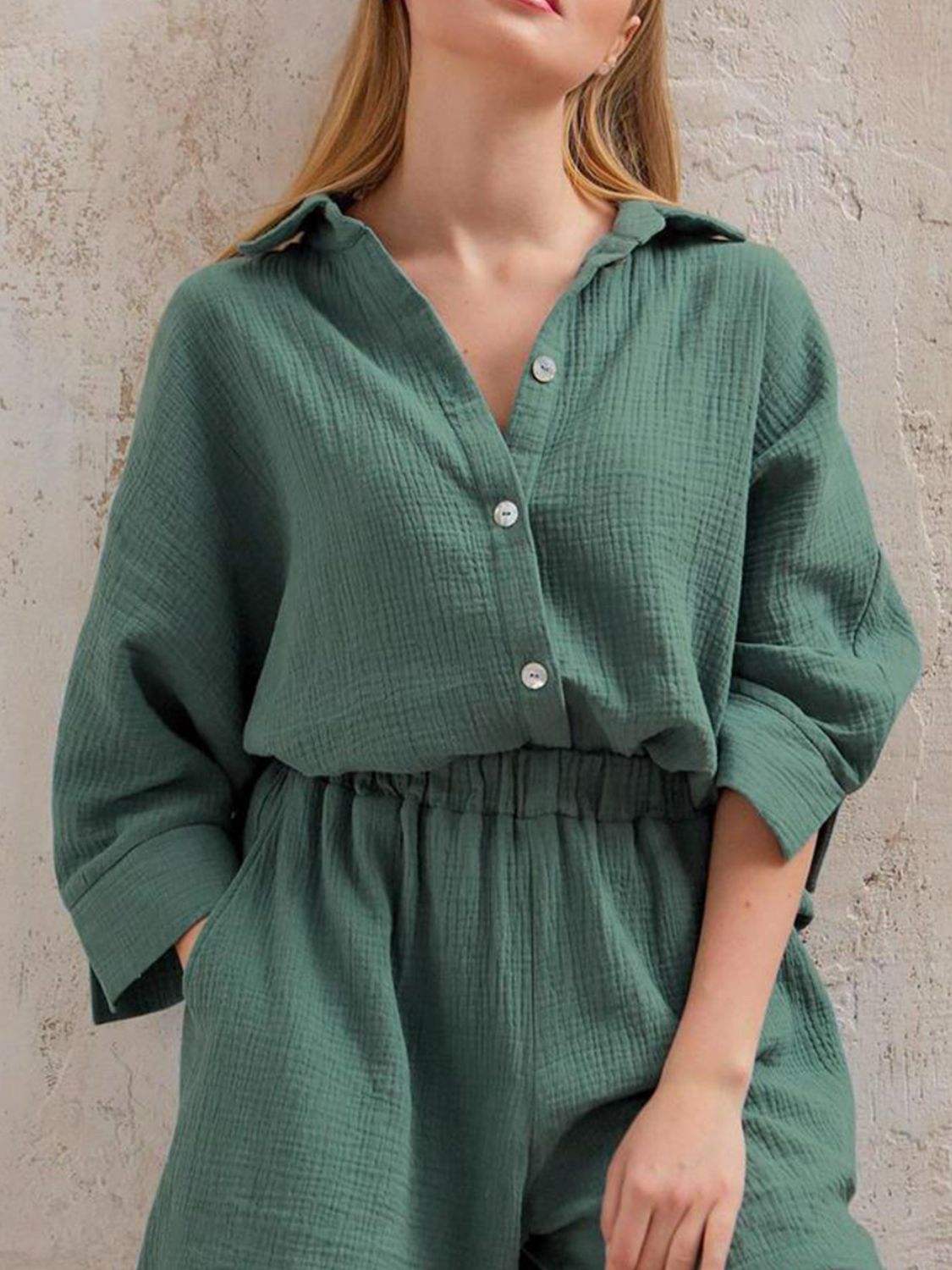 Texture Button Up Shirt and Shorts Set - Trendsi - Flyclothing LLC
