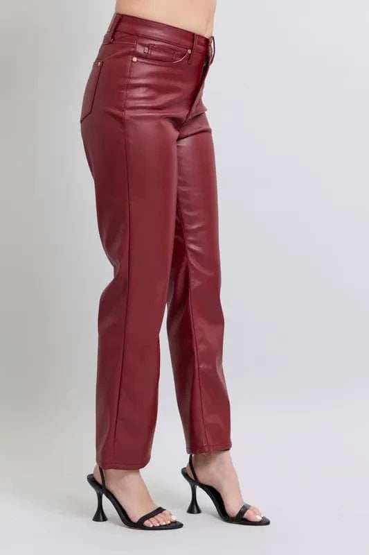 Judy Blue Full Size High Waist Tummy Control Faux Leather Straight Pants Plus Size - Trendsi - Flyclothing LLC