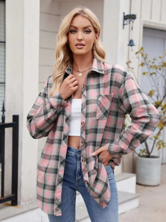 Pocketed Plaid Collared Neck Long Sleeve Shirt - Trendsi - Flyclothing LLC