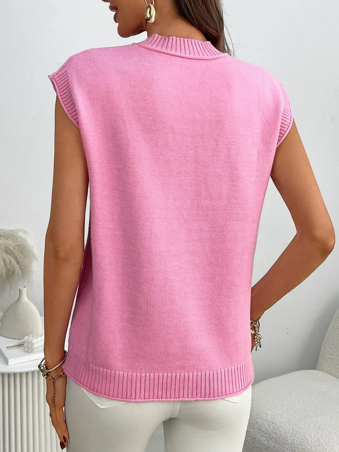 Mock Neck Cap Sleeve Knit Top - Trendsi - Flyclothing LLC