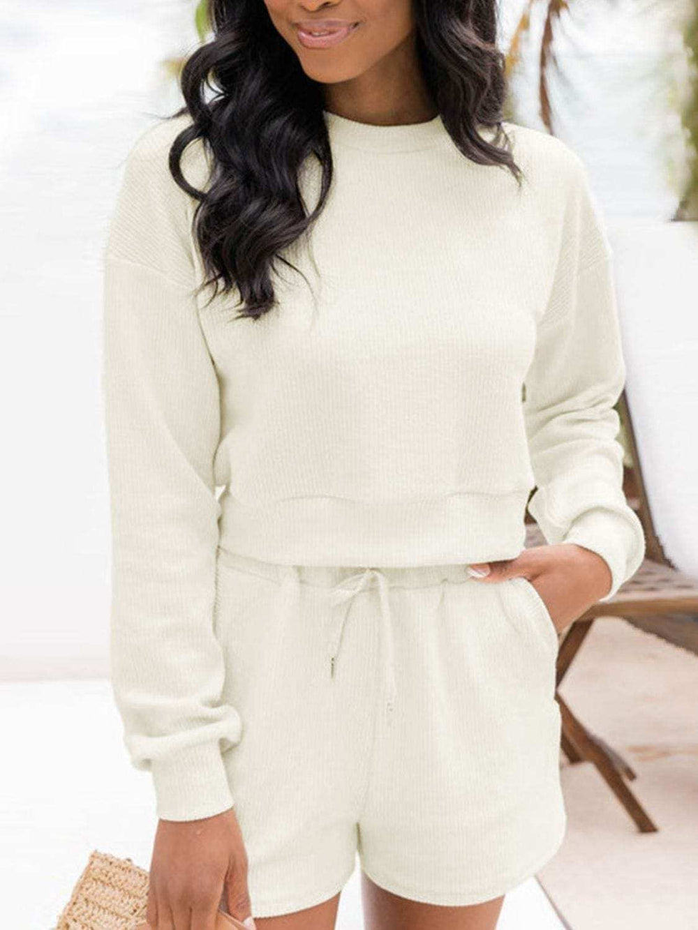 Ribbed Round Neck Long Sleeve Top and Shorts Set - Trendsi - Flyclothing LLC