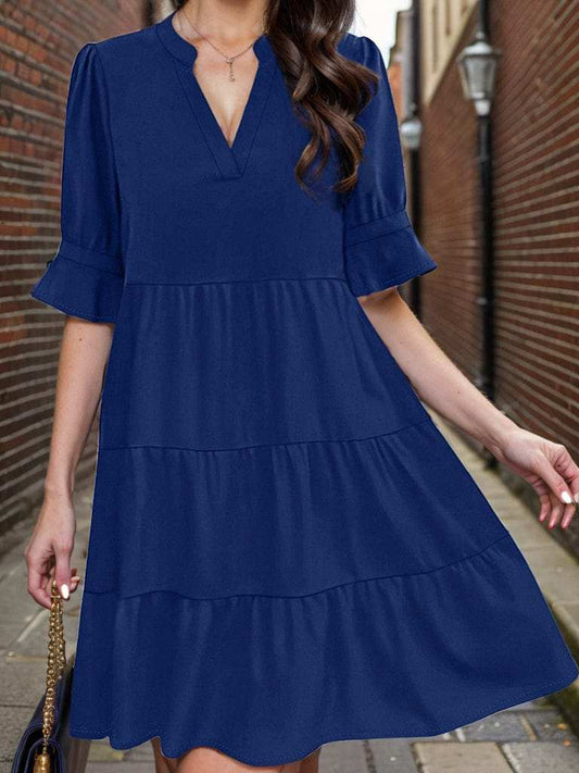Tiered Notched Half Sleeve Dress - Trendsi - Flyclothing LLC