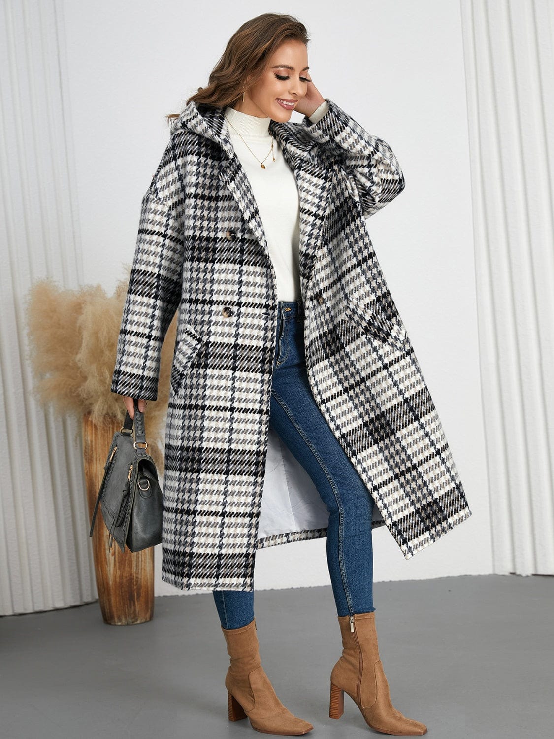 Plaid Double-Breasted Long Sleeve Longline Coat - Trendsi