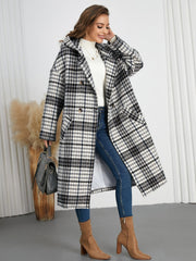 Plaid Double-Breasted Long Sleeve Longline Coat - Trendsi