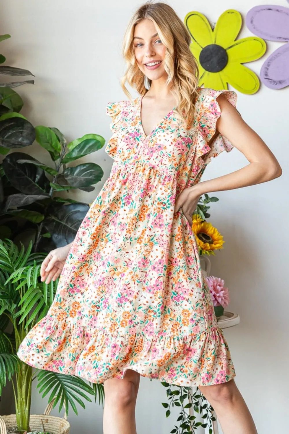 Heimish Full Size Floral Ruffled V-Neck Dress - Trendsi