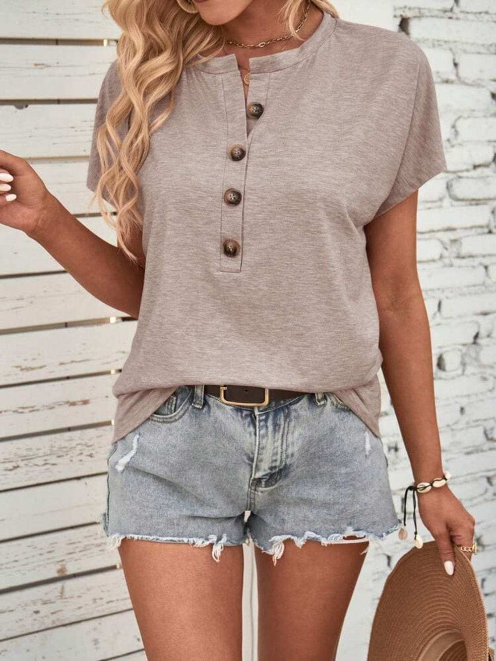 Half Button Short Sleeve Top - Trendsi - Flyclothing LLC