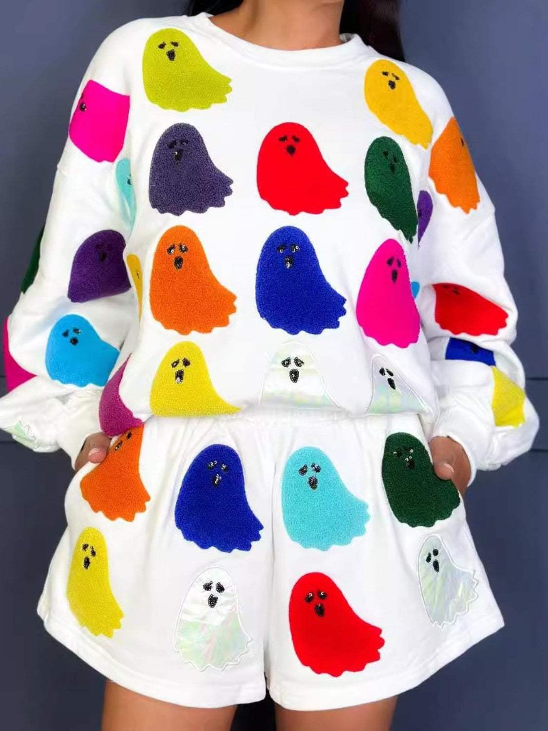 Ghost Printed Round Neck Long Sleeve Top and Shorts Set - Trendsi - Flyclothing LLC