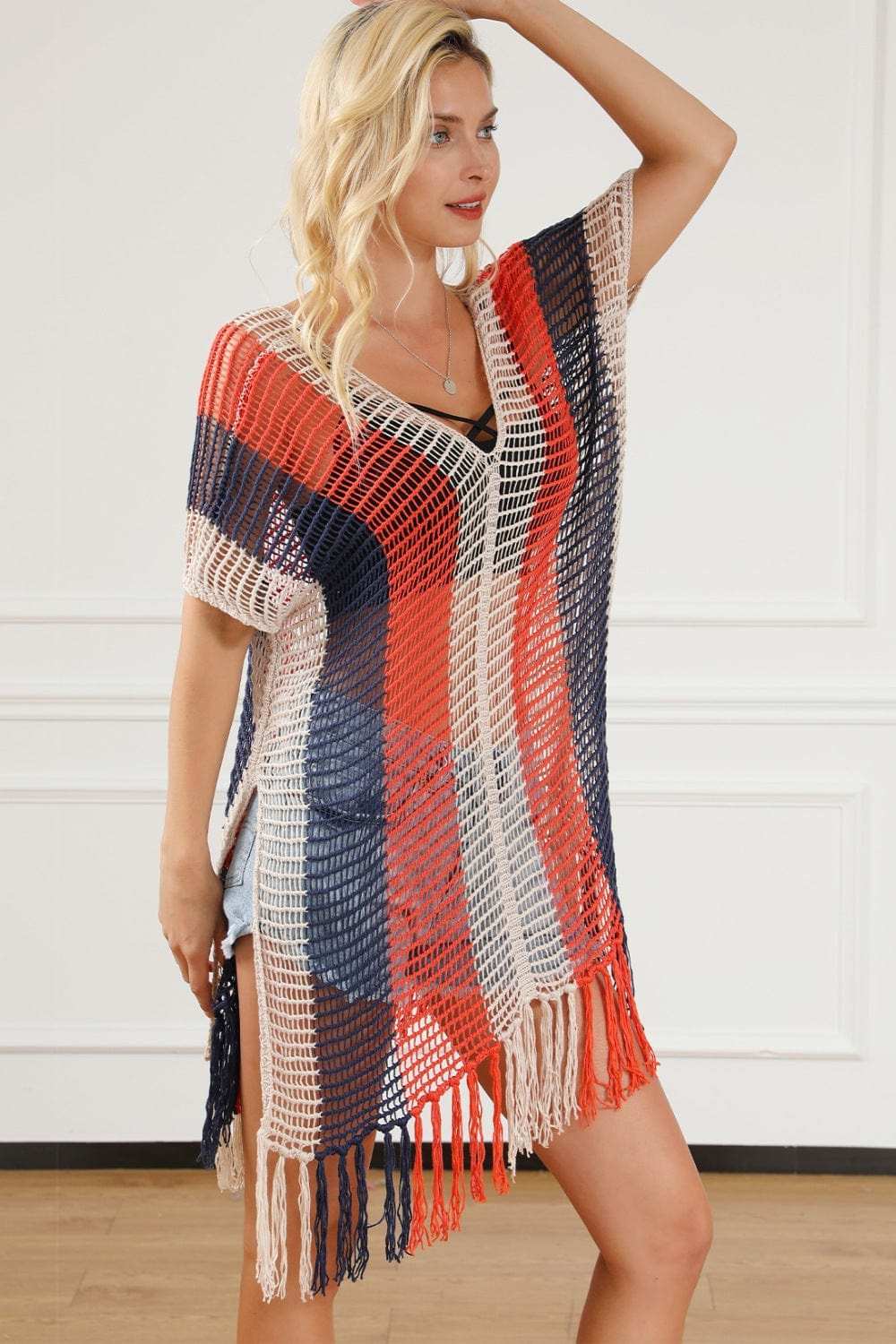Tassel Color Block V-Neck Cover Up - Trendsi - Flyclothing LLC