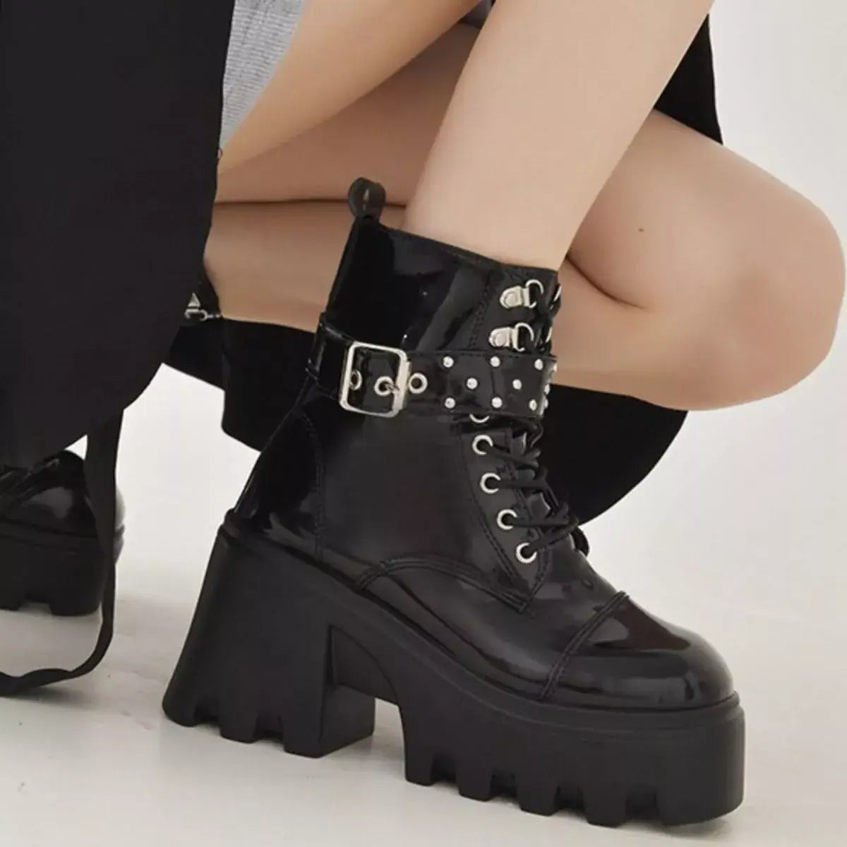 Platform Ankle Boots with Buckle and Studded Detail - Trendsi - Flyclothing LLC