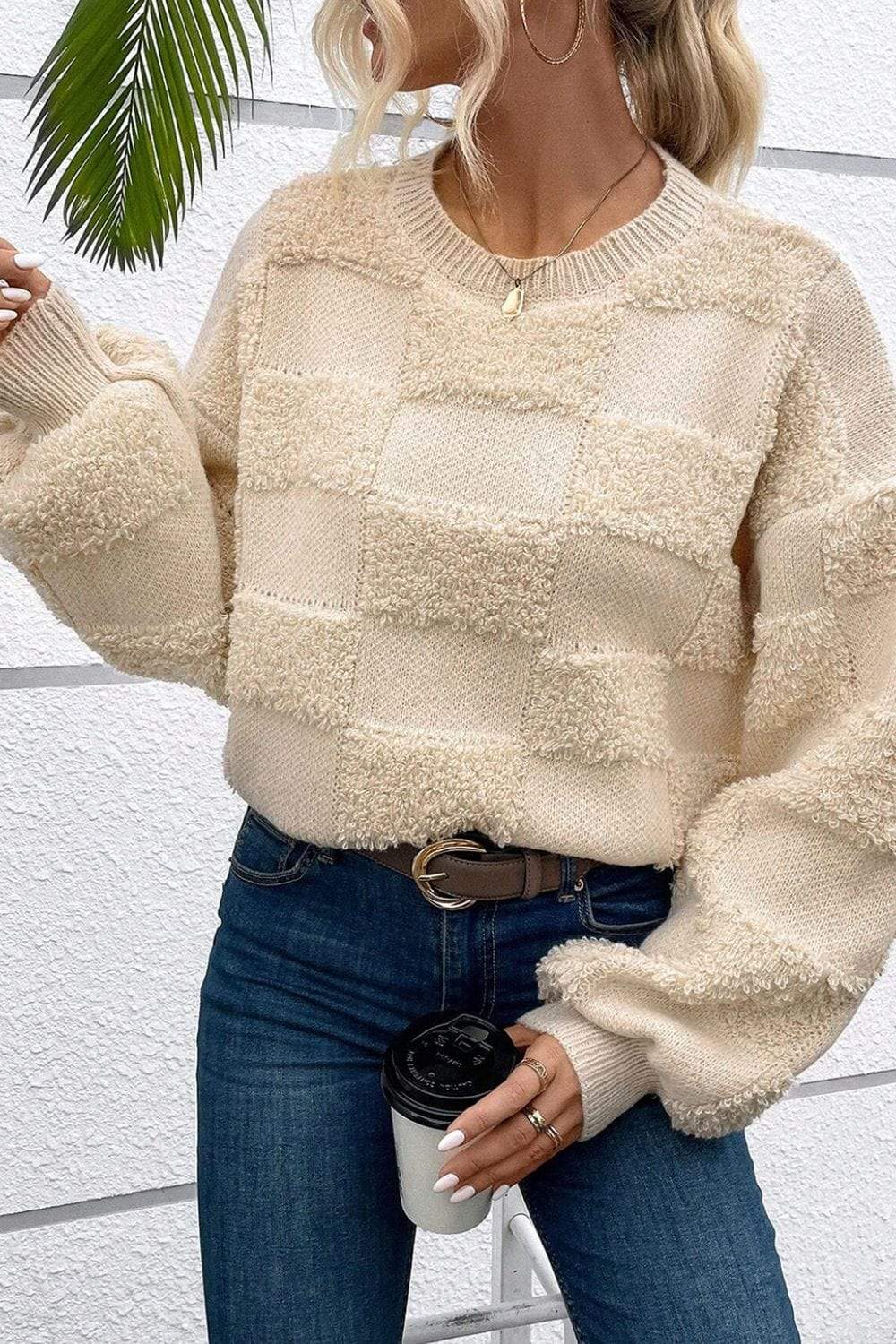Checkered Round Neck Dropped Shoulder Sweater - Trendsi - Flyclothing LLC