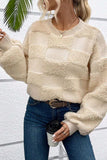 Checkered Round Neck Dropped Shoulder Sweater - Trendsi - Flyclothing LLC