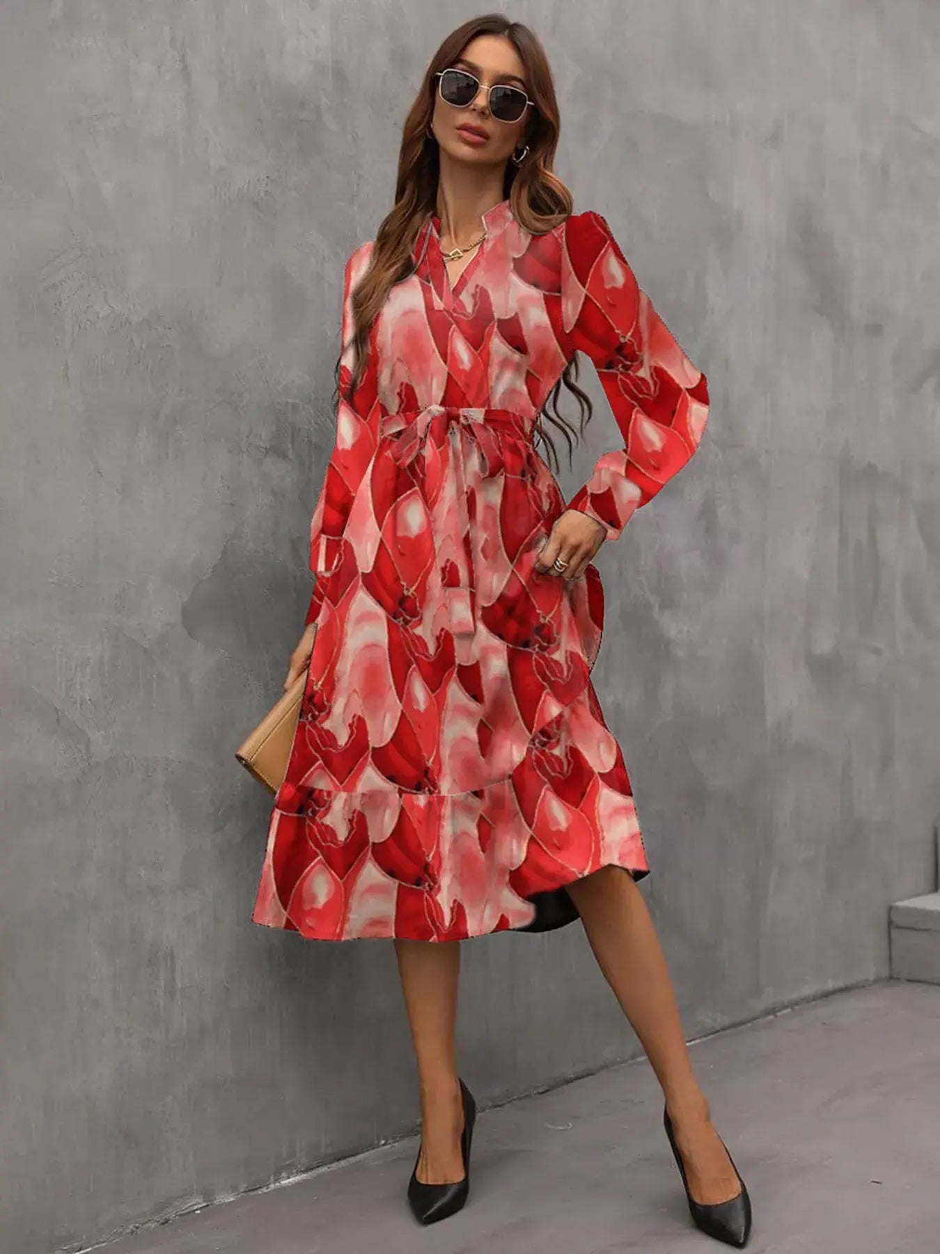 Notched Tie Waist Long Sleeve Dress - Trendsi - Flyclothing LLC