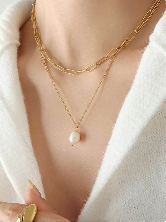 Freshwater Pearl Titanium Steel Double-Layered Necklace - Trendsi