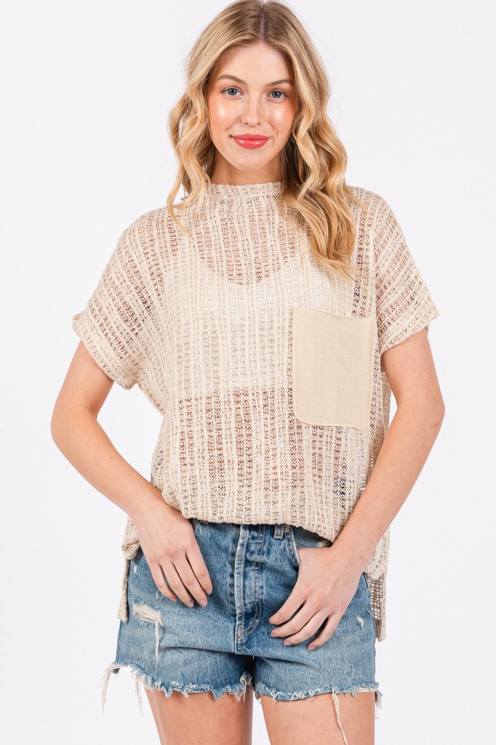 Ces Femme See Through Crochet Mock Neck Cover Up - Trendsi