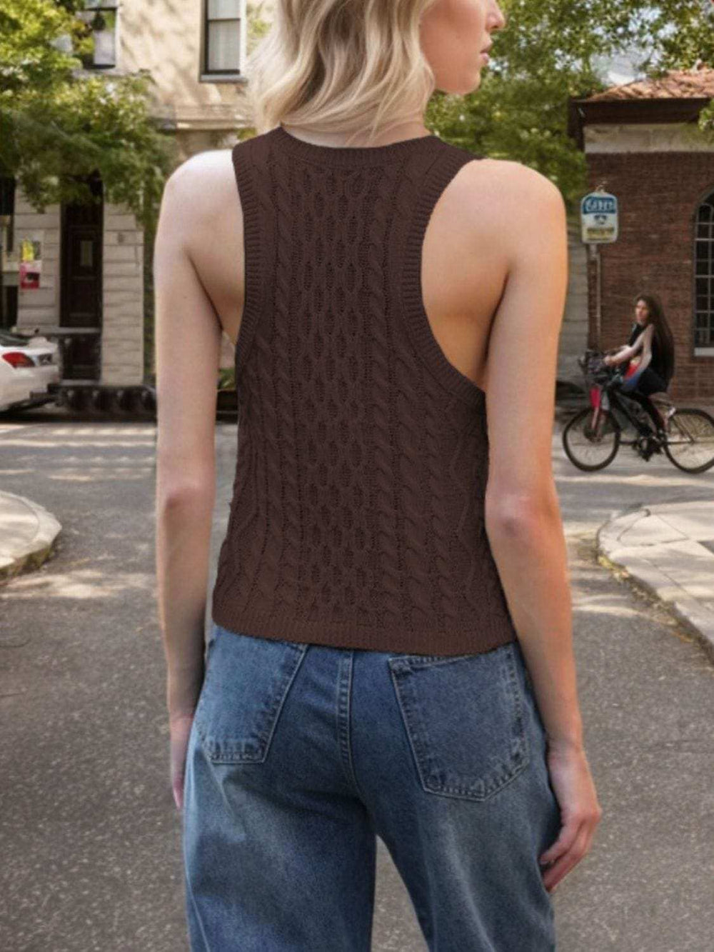 Cable-Knit V-Neck Knit Tank - Trendsi - Flyclothing LLC