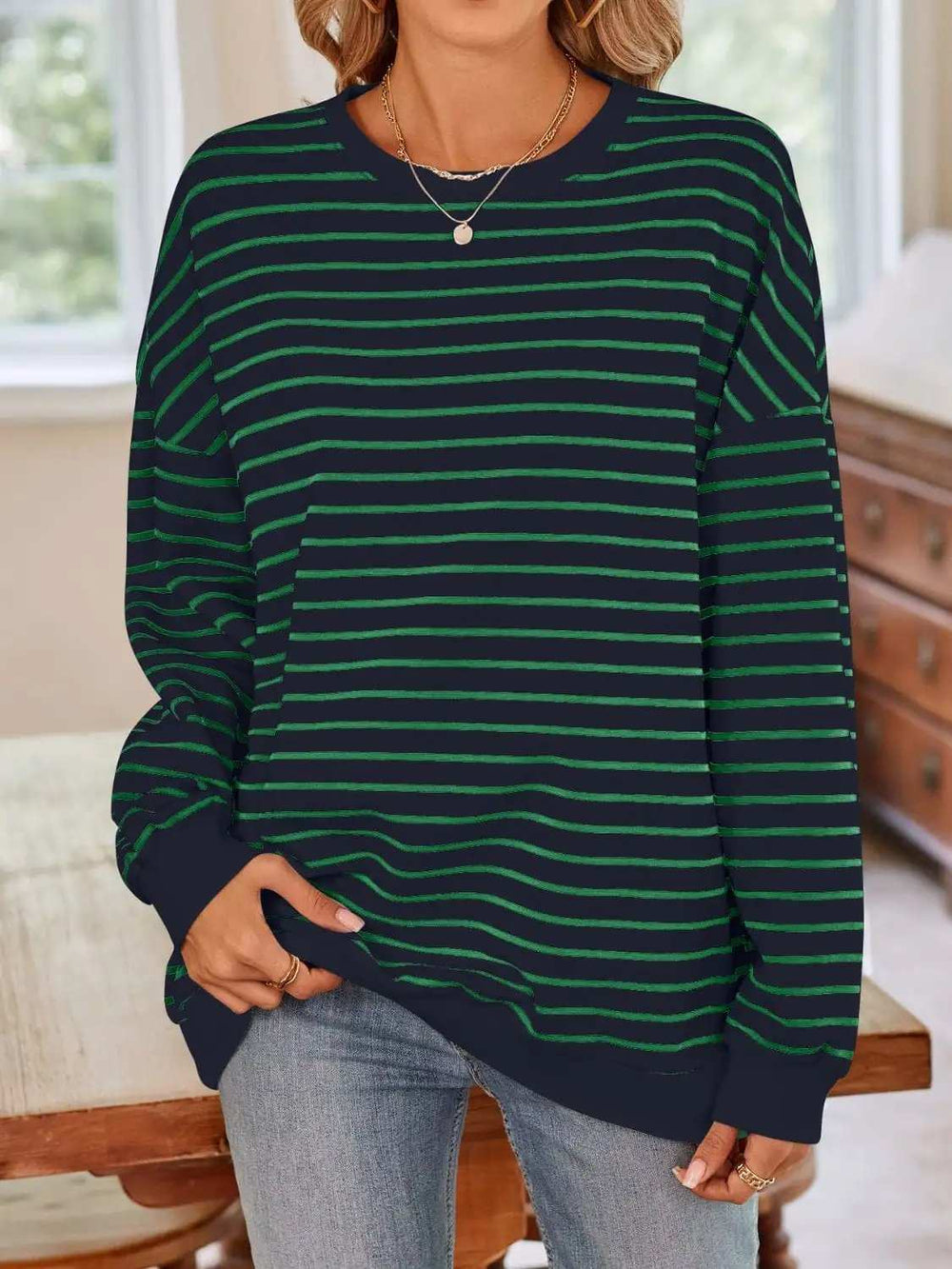 Striped Round Neck Long Sleeve Sweatshirt - Trendsi - Flyclothing LLC