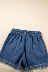 Raw Hem Drawstring High Waist Denim Shorts with Pockets - Trendsi - Flyclothing LLC