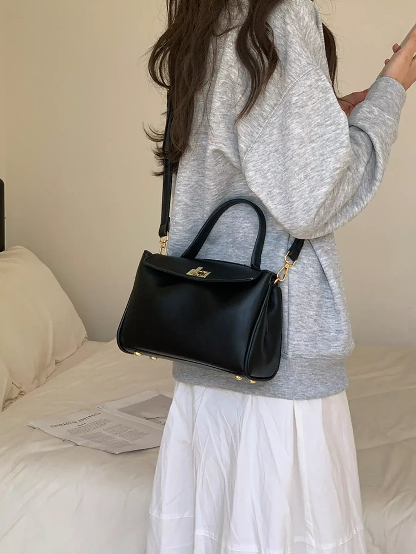 Golden Clasp Leather Crossbody Bag - Trendsi - Flyclothing LLC