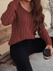 Honey Cable-Knit V-Neck Cold Shoulder Sweater - Trendsi
