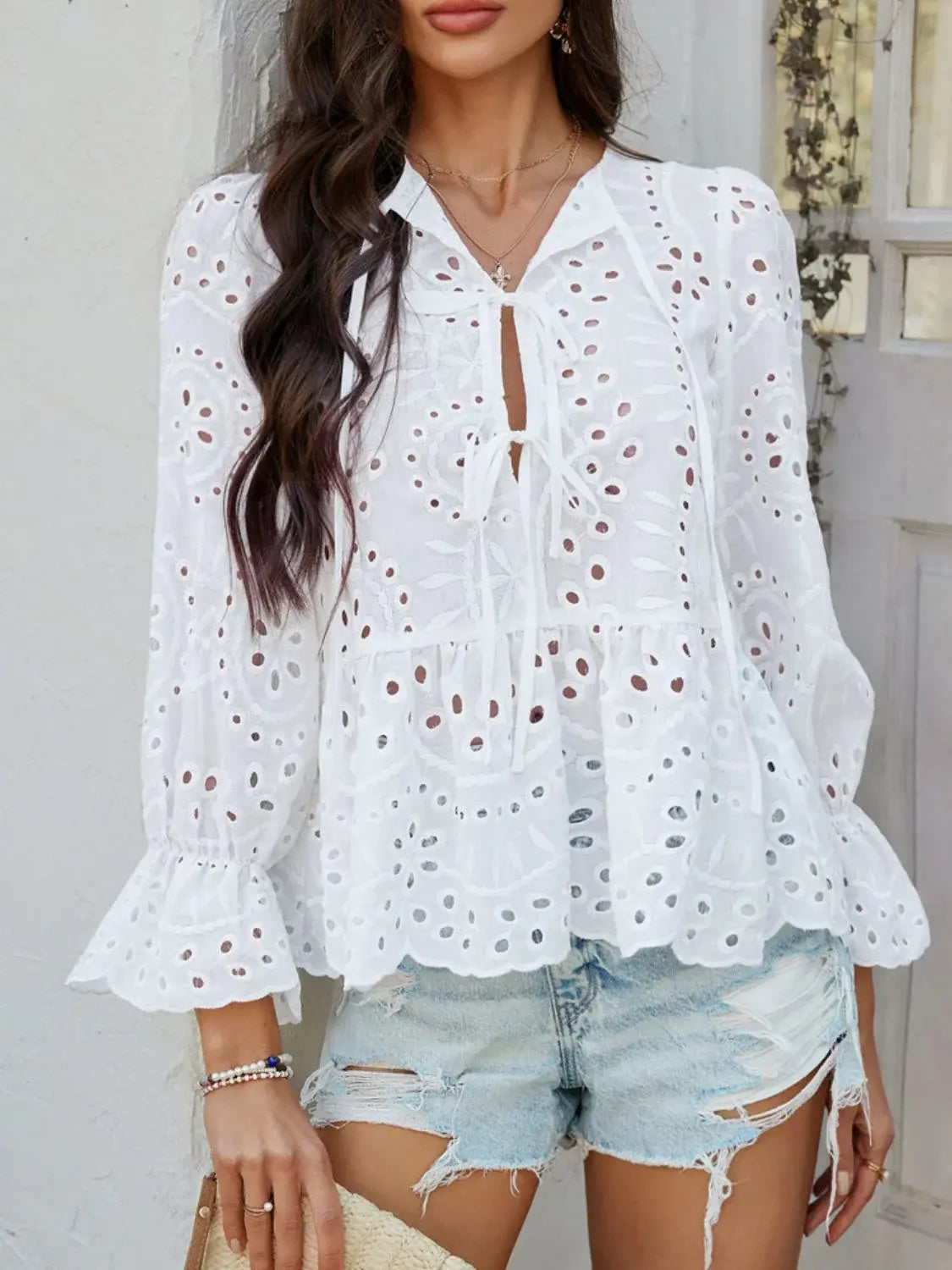 Devine Tie Front Flounce Sleeve Peplum Blouse - Trendsi - Flyclothing LLC