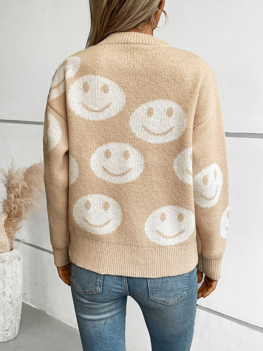 Smile Pattern Round Neck Long Sleeve Sweater - Trendsi