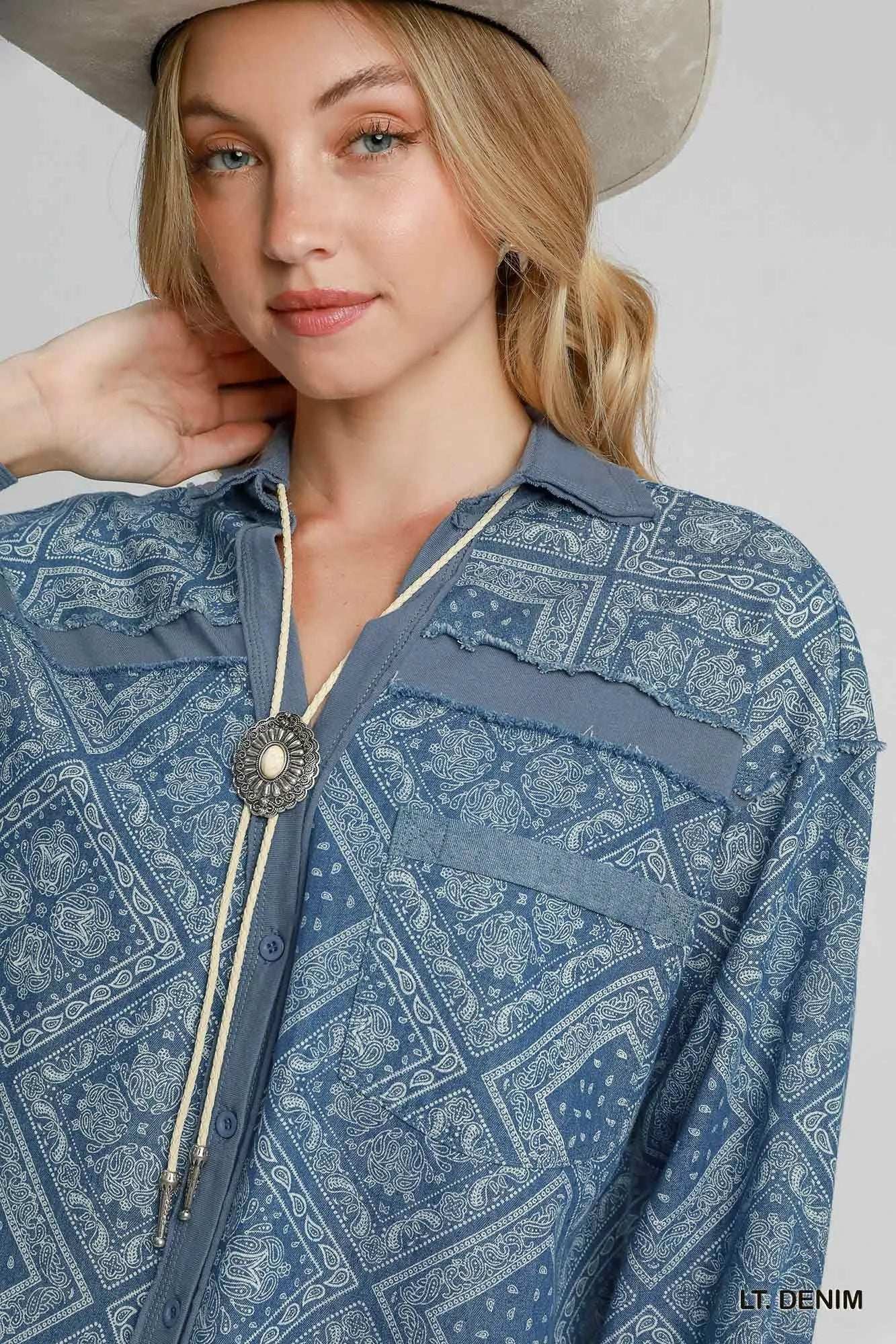 Umgee Paisley Print Denim Shirt Jacket - Trendsi - Flyclothing LLC