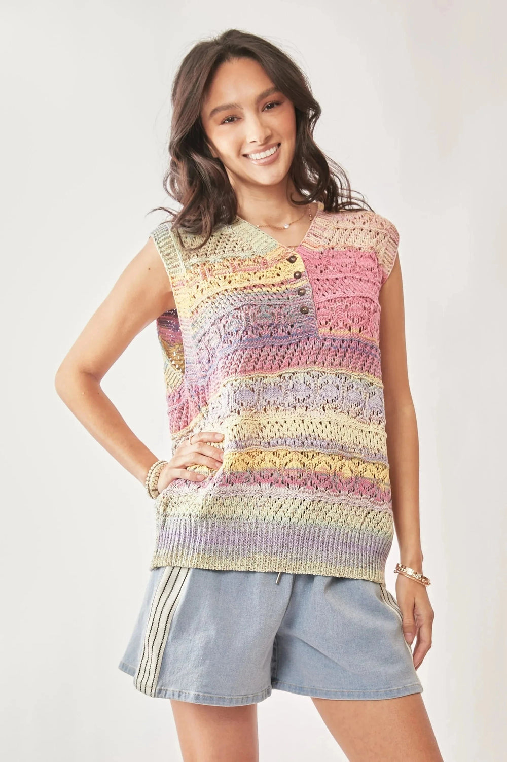Davi & Dani Multi Color Crochet Sleeveless Knit Vest Top - Trendsi