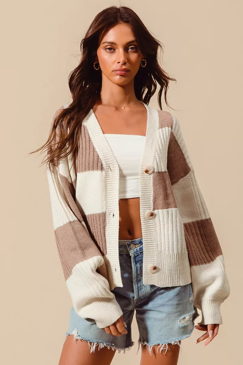 SO ME Checkered Button Front Ribbed Sweater Cardigan - Trendsi - Flyclothing LLC