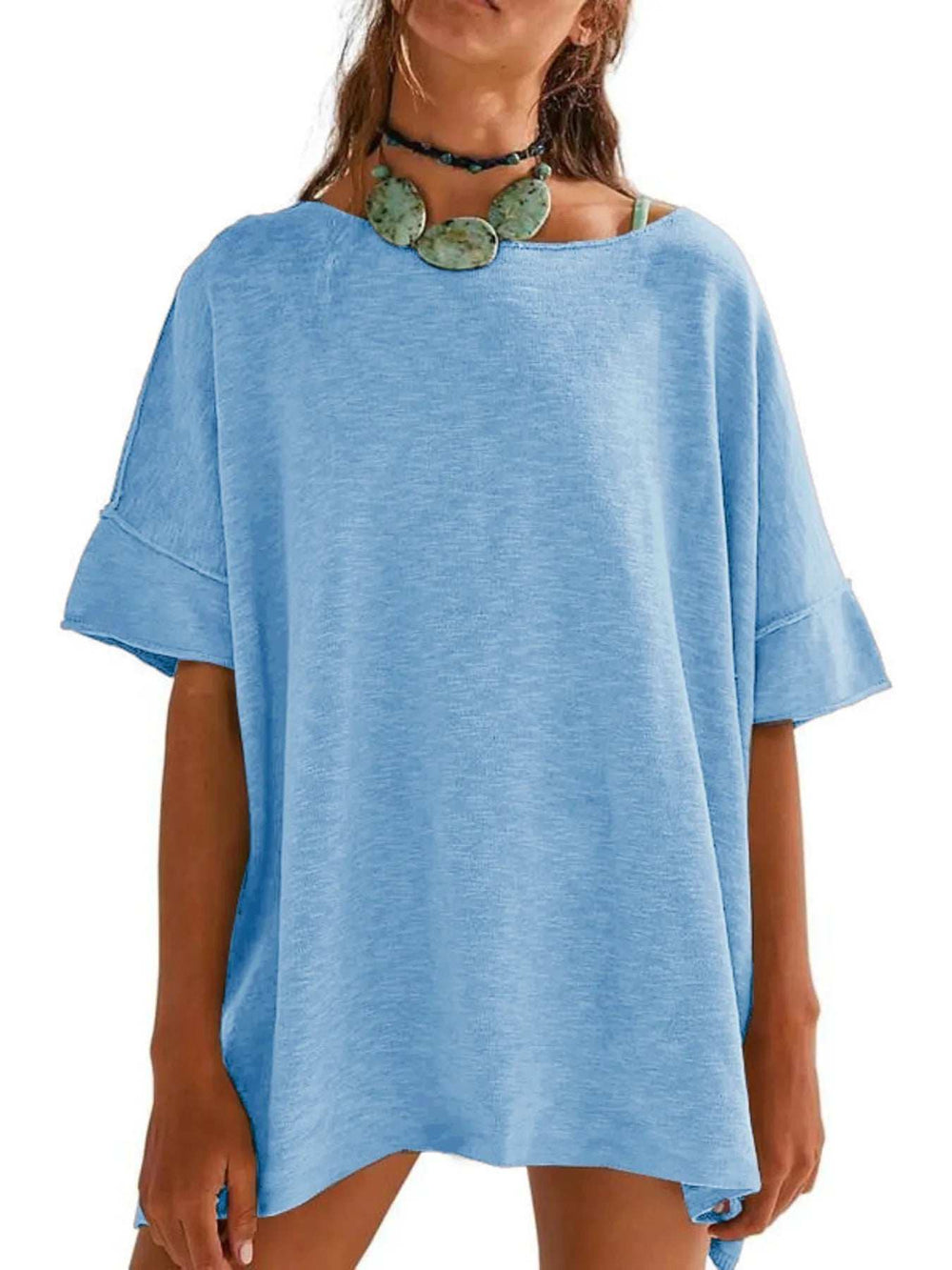 Oversized Round Neck Drop-Shoulder T-Shirt - Trendsi - Flyclothing LLC