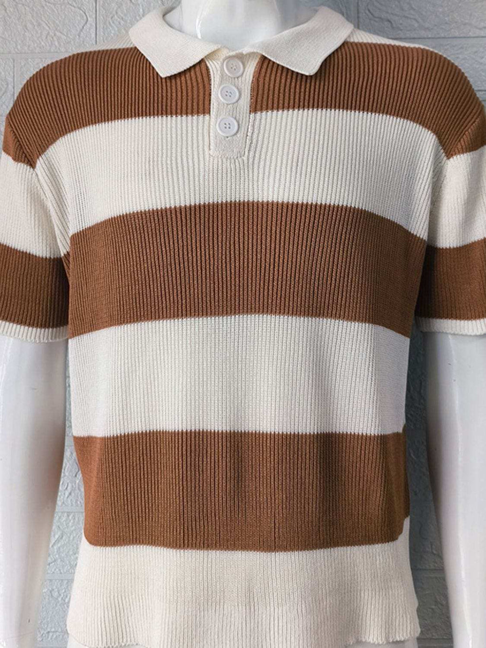 Men's Plus Size Collared Neck Striped Ribbed Knit Polo - Trendsi - Flyclothing LLC