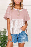 Waffle Floral Patchwork Exposed Seam Detail Short Sleeve Top - Trendsi - Flyclothing LLC