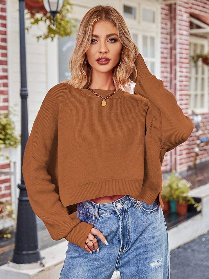 Dropped Shoulder Round Neck Long Sleeve Knit Top - Trendsi - Flyclothing LLC