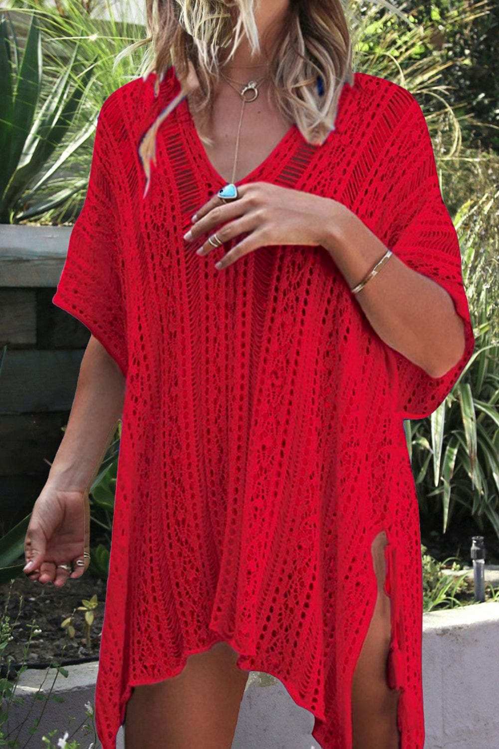 Cutout V-Neck Cover-Up with Tassel - Trendsi - Flyclothing LLC