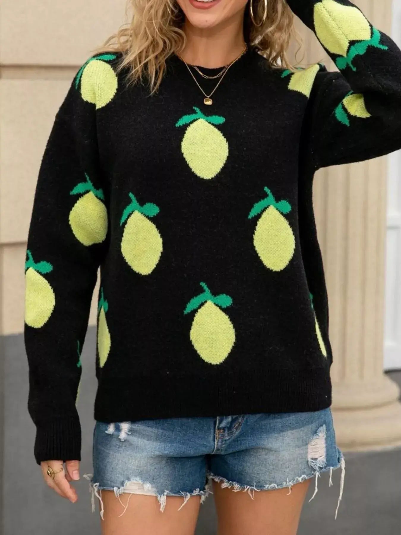 Lemon Crew Neck Round Neck Sweater - Trendsi - Flyclothing LLC