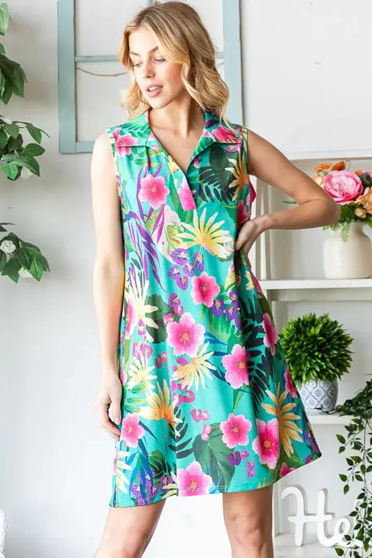 Heimish Full Size Floral Johnny Collar Sleeveless Dress Plus Size - Trendsi - Flyclothing LLC