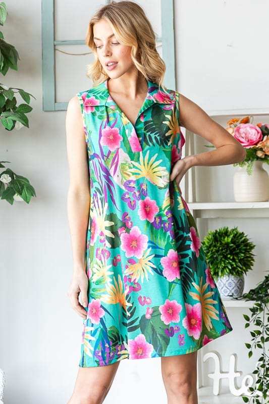 Heimish Full Size Floral Johnny Collar Sleeveless Dress Plus Size - Trendsi - Flyclothing LLC