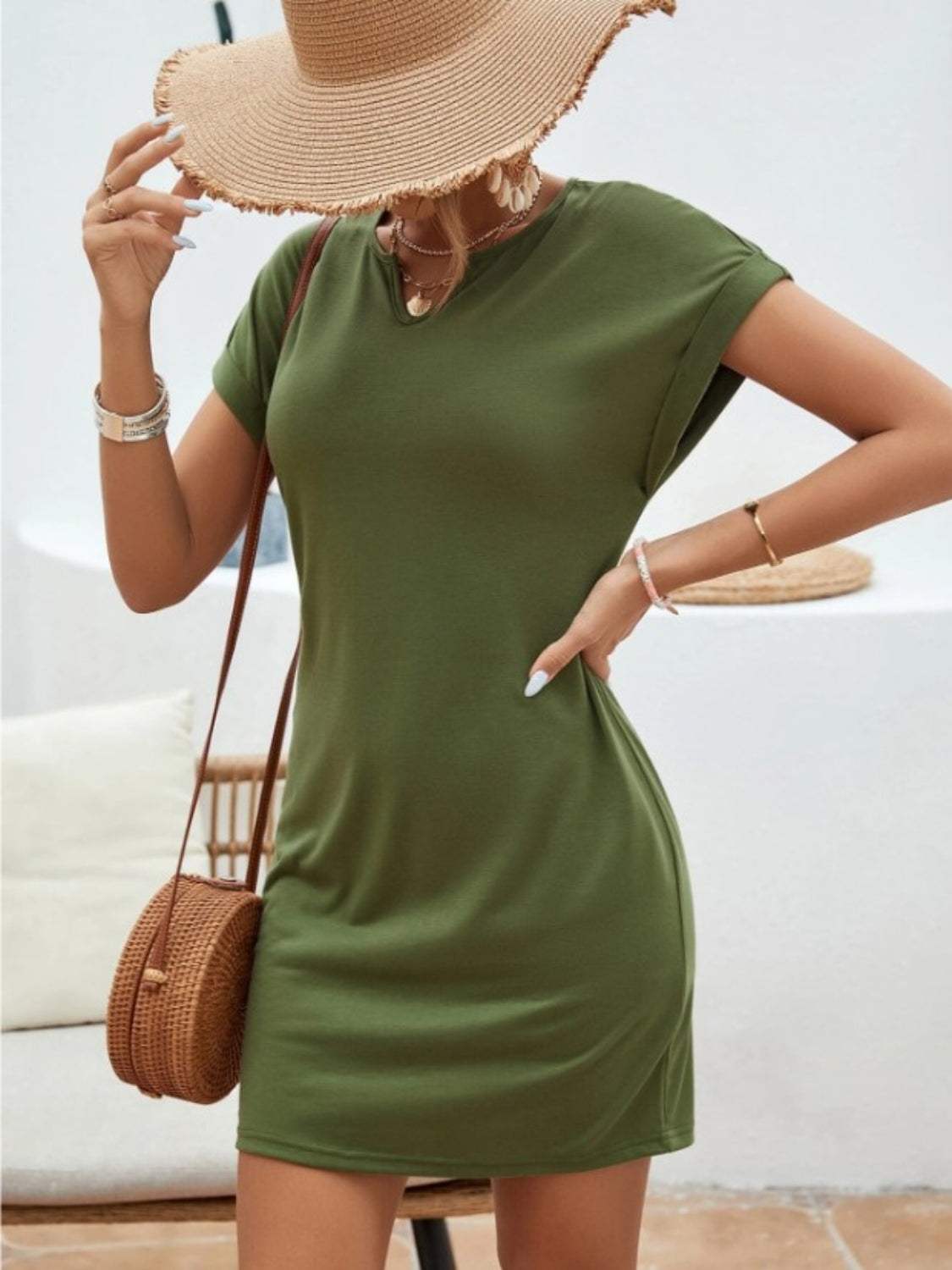 Notched Short Sleeve Mini Tee Dress - Trendsi - Flyclothing LLC